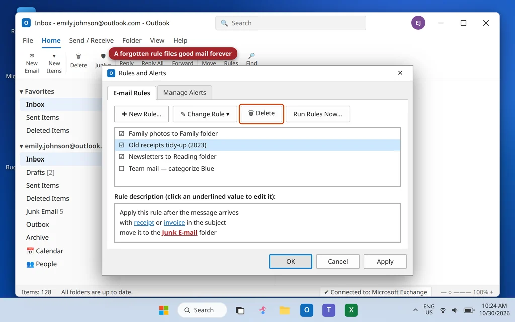 Rules and Alerts dialog in Outlook showing an old rule that moves messages with certain subjects to the Junk E-mail folder