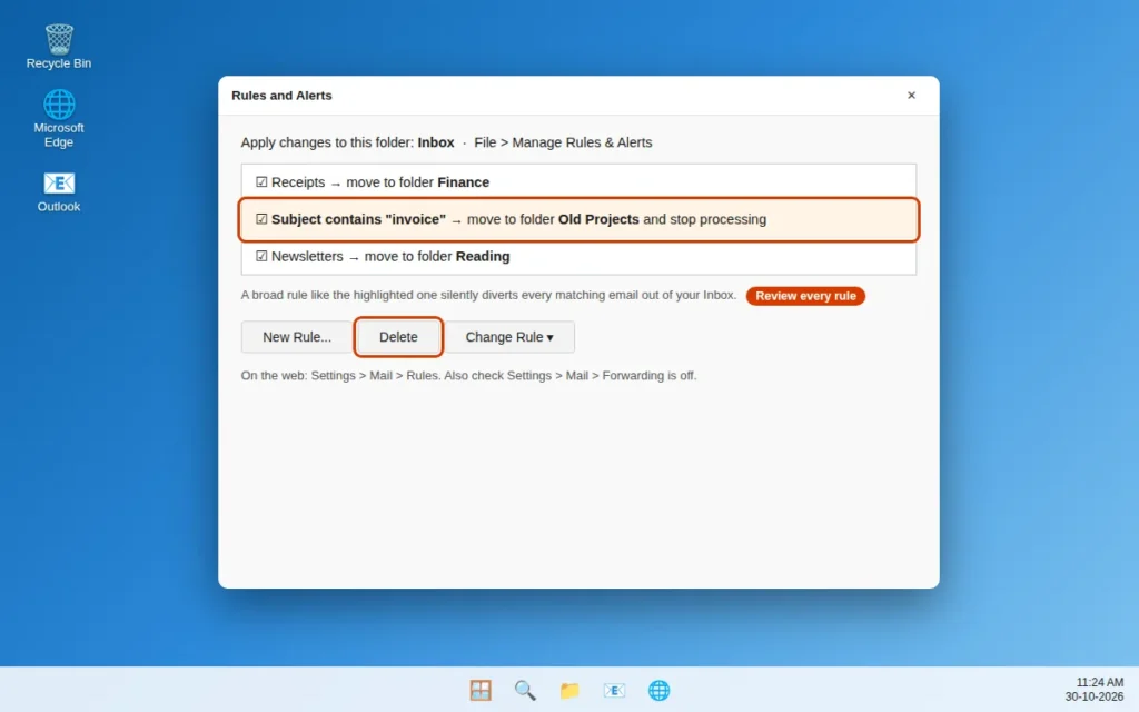 Manage Rules and Alerts dialog in Outlook showing rules that move incoming email
