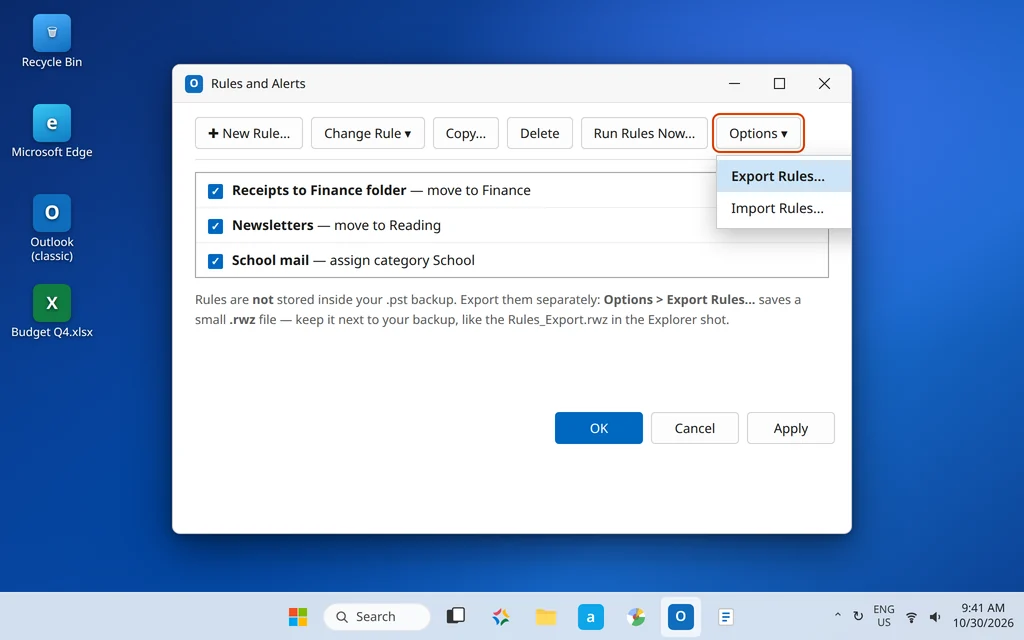 Rules and Alerts dialog in Outlook with Options Export Rules highlighted