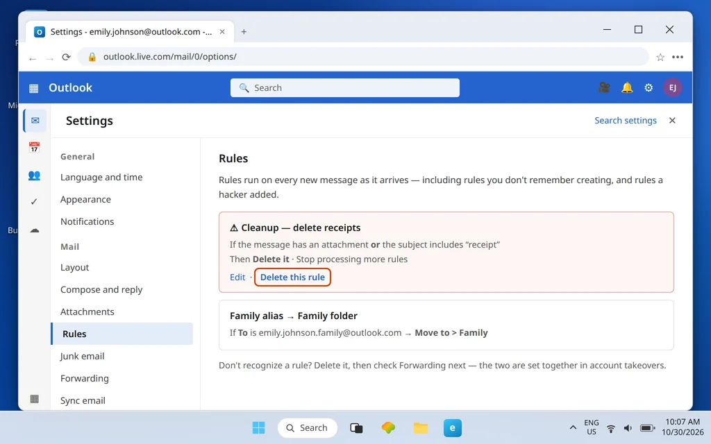 Outlook.com Rules settings showing a rule that deletes incoming mail with attachments highlighted for removal
