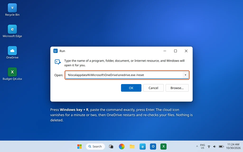 Run dialog with the OneDrive reset command %localappdata% Microsoft OneDrive onedrive.exe /reset