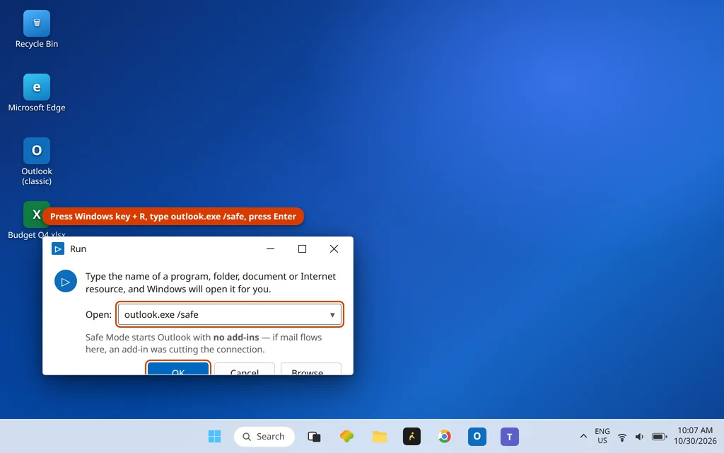 Run dialog with outlook.exe /safe typed in to start Outlook in Safe Mode