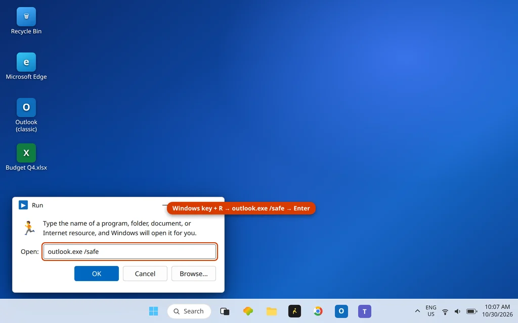 Run dialog with outlook.exe /safe typed to start Outlook in Safe Mode
