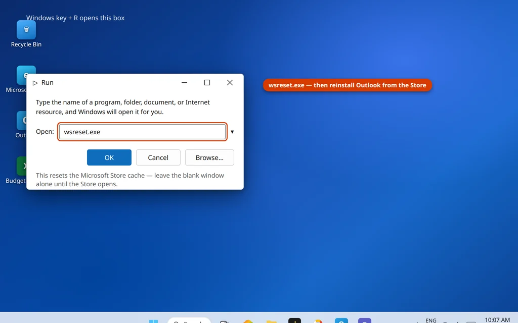 Windows Run dialog with wsreset.exe typed in to reset the Microsoft Store cache