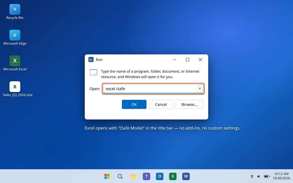 Run dialog with excel /safe to start Microsoft Excel in Safe Mode