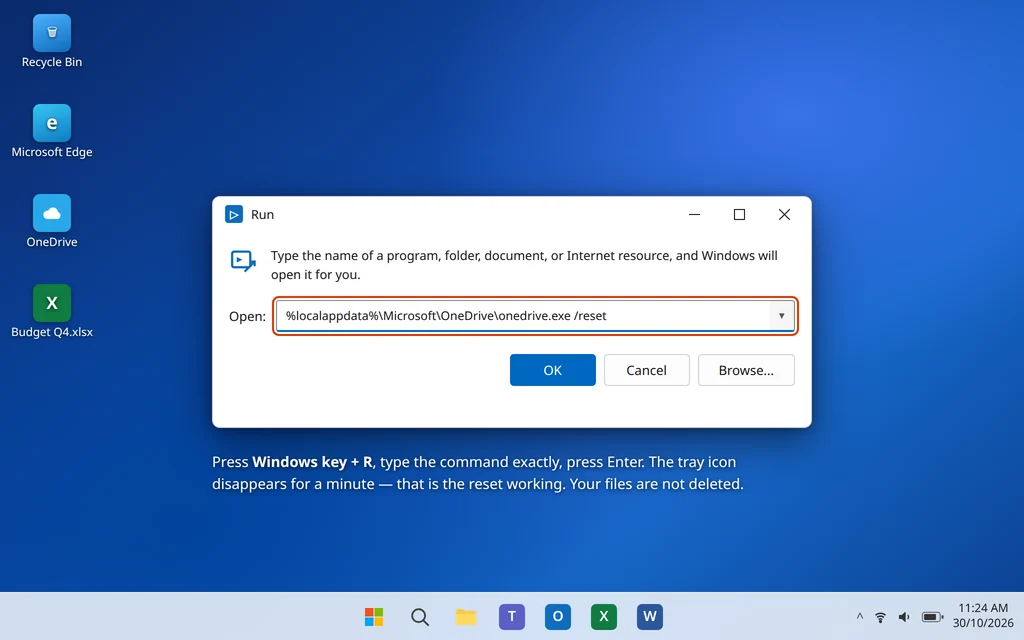Run dialog with the OneDrive reset command %localappdata% Microsoft OneDrive onedrive.exe /reset