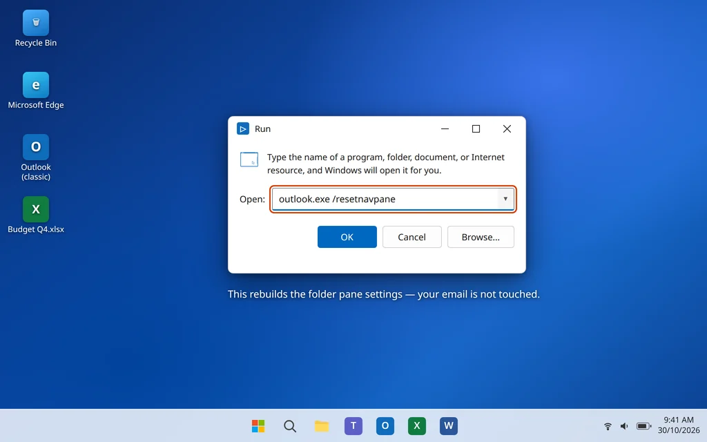 Run outlook.exe /resetnavpane to fix Outlook stuck on Loading Profile