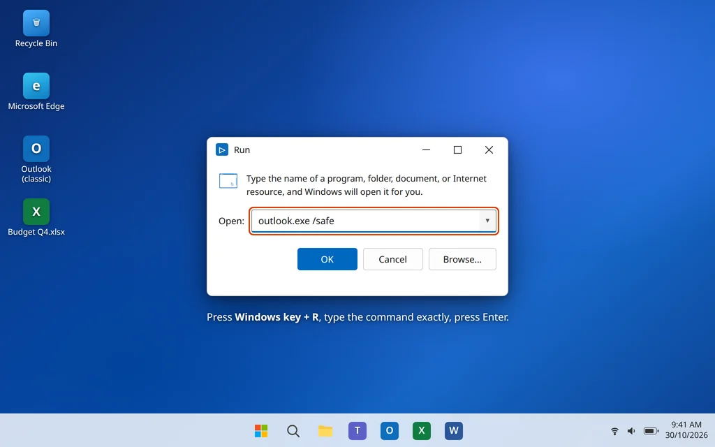 Run dialog with outlook.exe /safe to open Outlook in Safe Mode