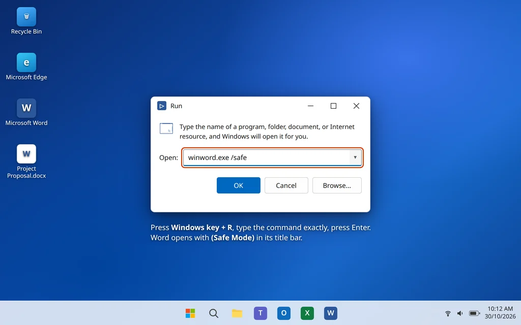 Run dialog with winword.exe /safe to open Microsoft Word in Safe Mode