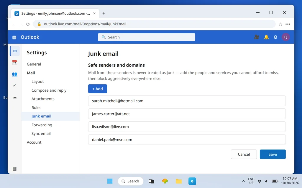 Outlook.com Safe senders and domains settings with important contacts added so their mail is never treated as junk