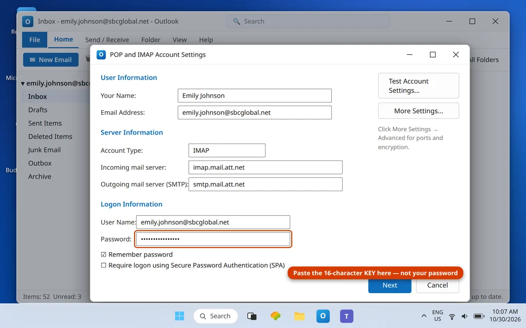 Outlook account settings for an sbcglobal.net account with the secure mail key pasted into the password field and imap.mail.att.net as the incoming server