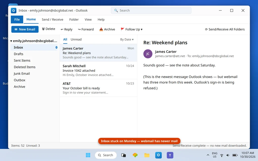 Classic Outlook showing the SBCGlobal inbox stuck on old mail while Send and Receive completes without bringing in new messages