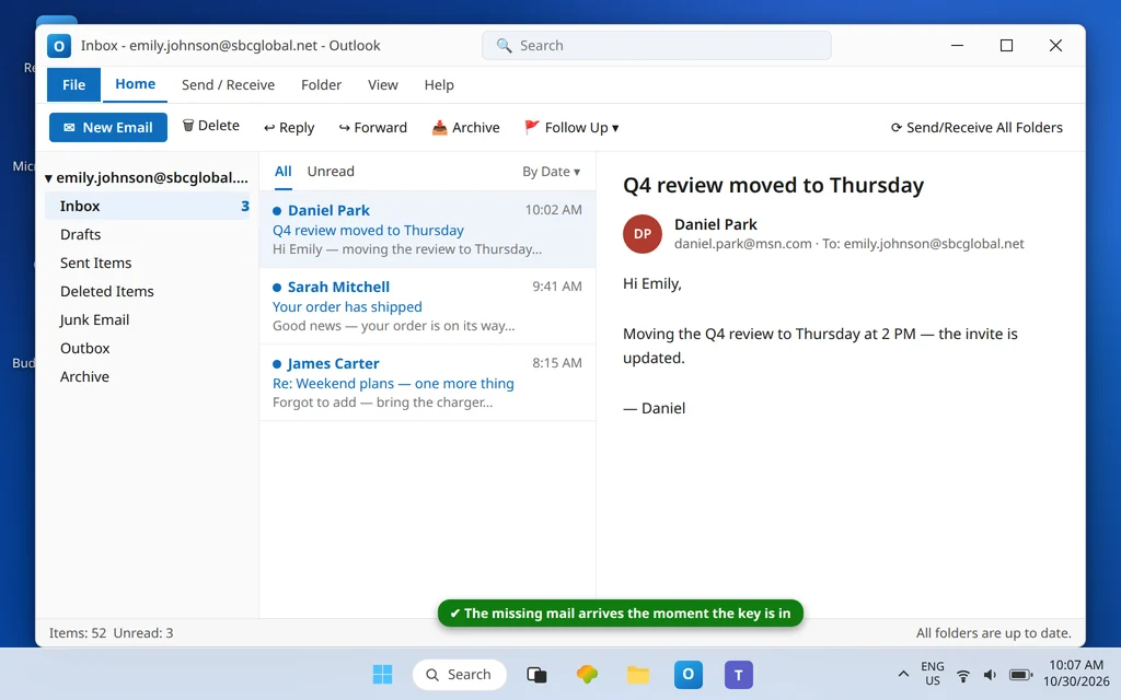 Classic Outlook SBCGlobal inbox up to date with the previously missing messages received after entering the secure mail key