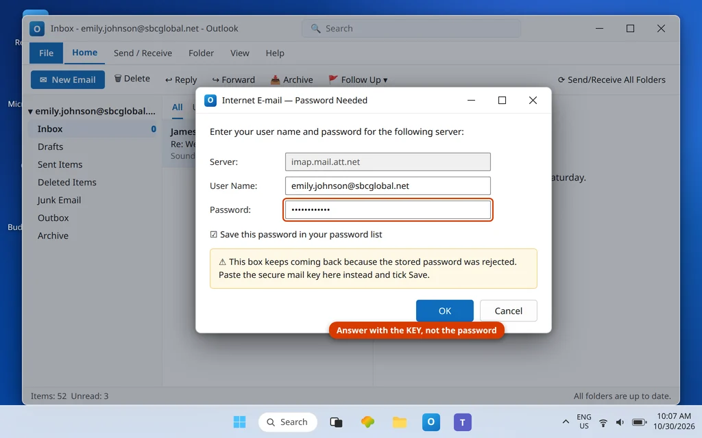 Outlook password prompt for the imap.mail.att.net server where the secure mail key must be entered instead of the AT&T account password