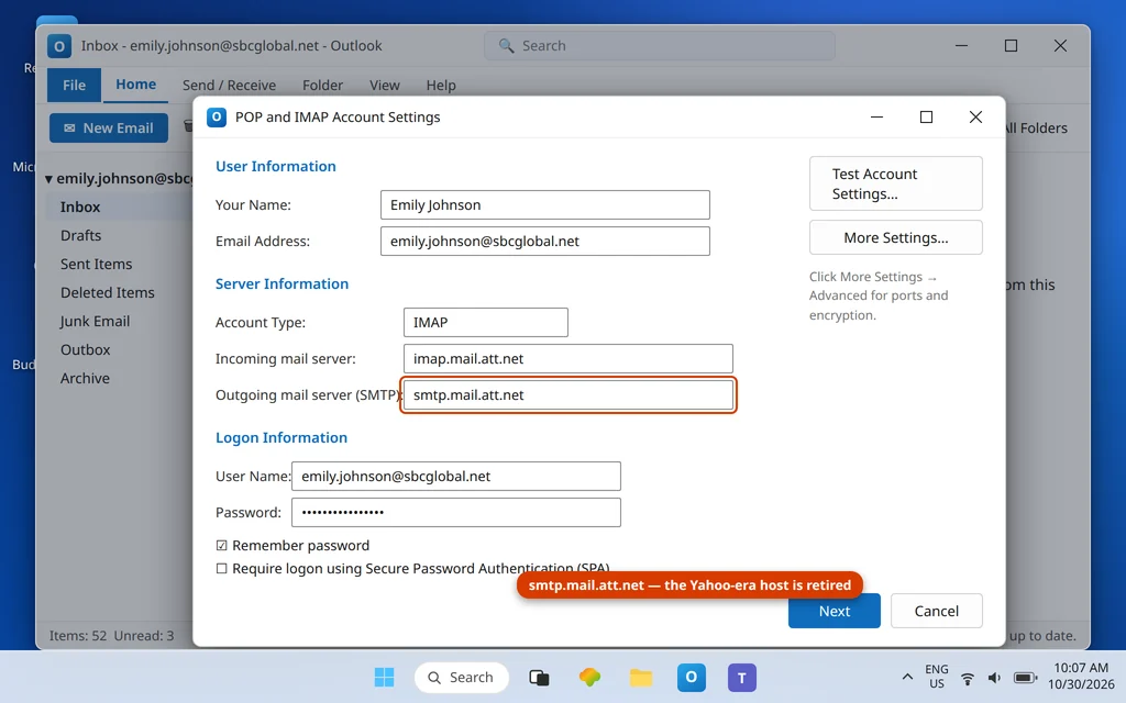 Outlook account settings for an sbcglobal.net account with the outgoing server corrected to smtp.mail.att.net and the secure mail key in the password field