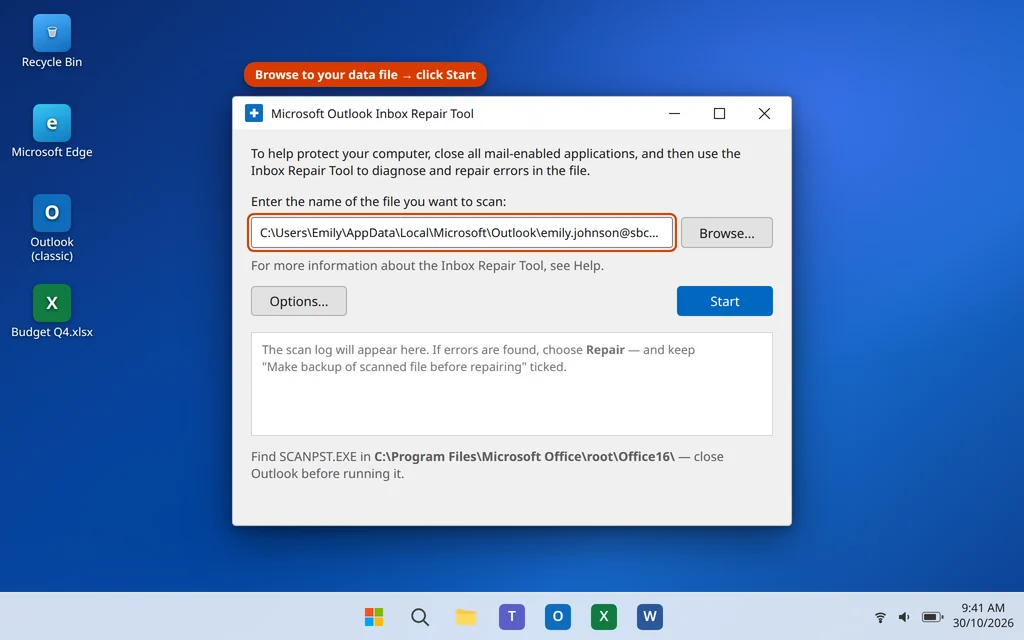 Microsoft Outlook Inbox Repair Tool SCANPST with the data file selected ready to scan