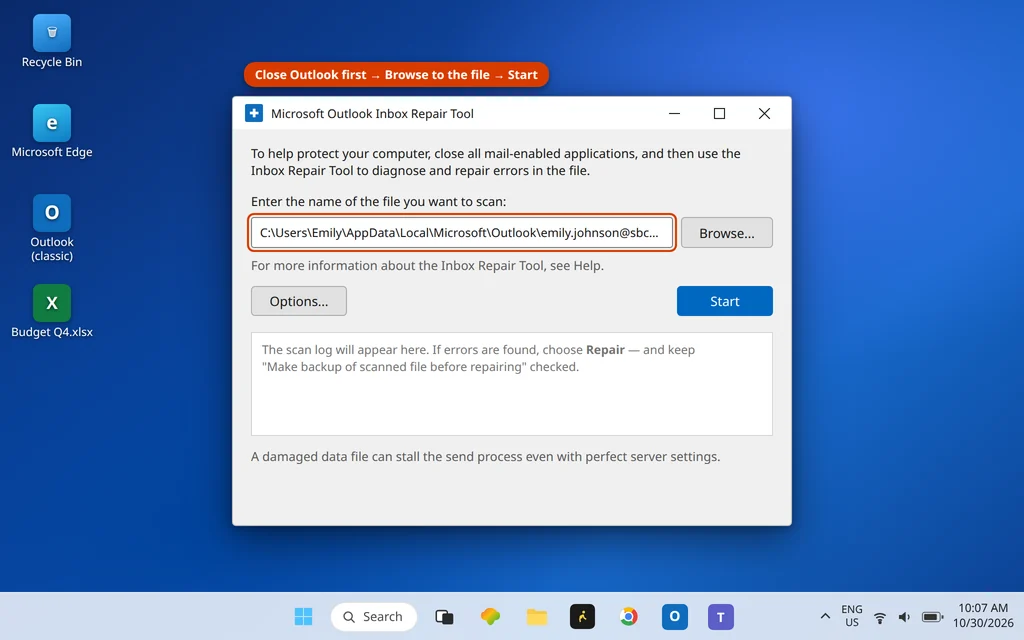 Inbox Repair Tool SCANPST scanning the Outlook OST data file