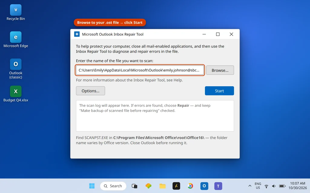 Microsoft Outlook Inbox Repair Tool SCANPST with the OST data file selected