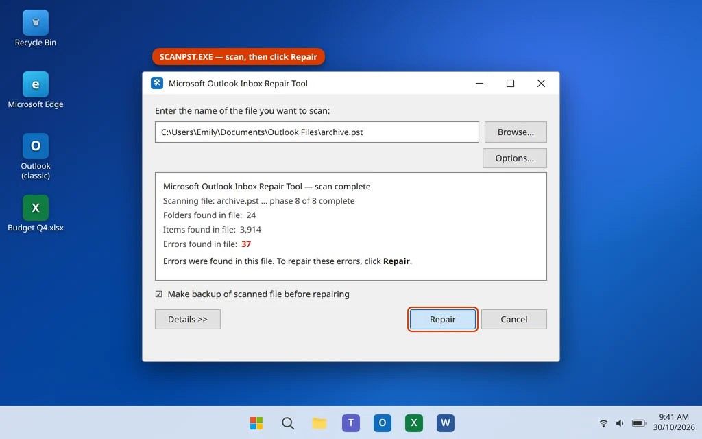 SCANPST Inbox Repair Tool scanning a PST file to fix Outlook search problems