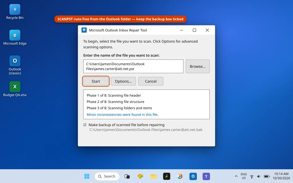Microsoft Outlook Inbox Repair Tool SCANPST with the PST data file selected, ready to repair