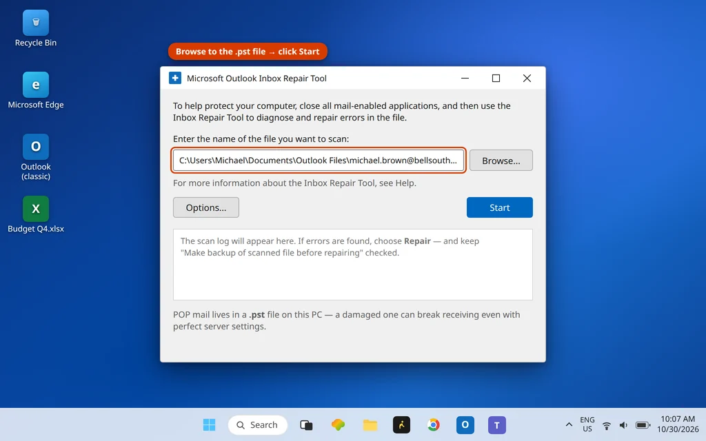 Microsoft Outlook Inbox Repair Tool SCANPST with the PST file selected and Repair button