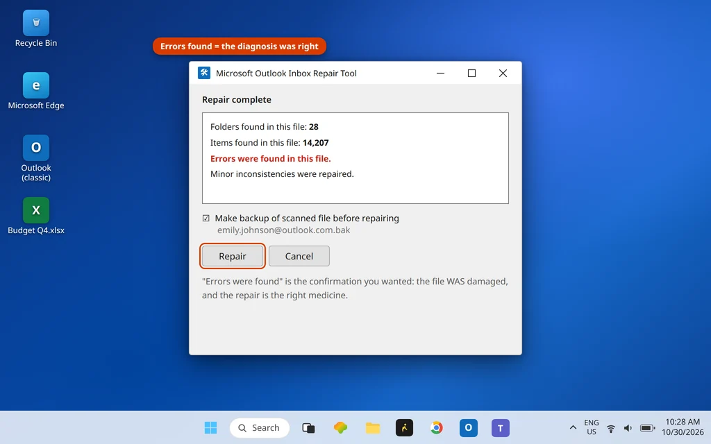 SCANPST scan results showing errors found in the PST file with the Repair button and backup option checked