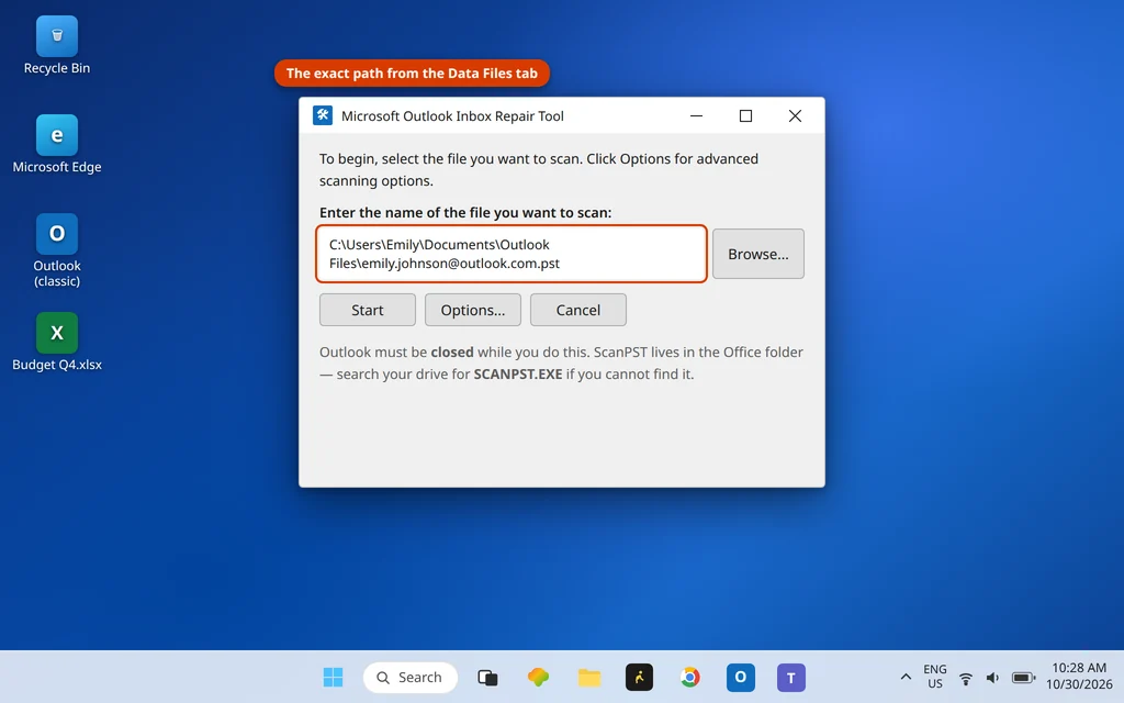 Microsoft Outlook Inbox Repair Tool SCANPST with the PST file selected and the backup option explained