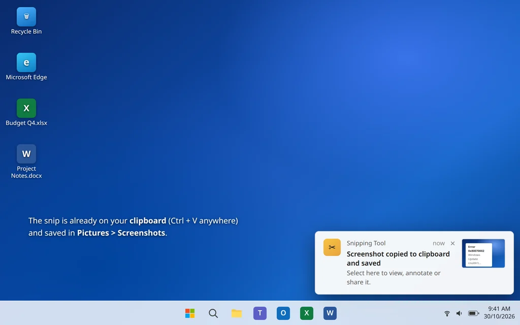Snipping Tool notification showing the screenshot was copied to the clipboard and saved