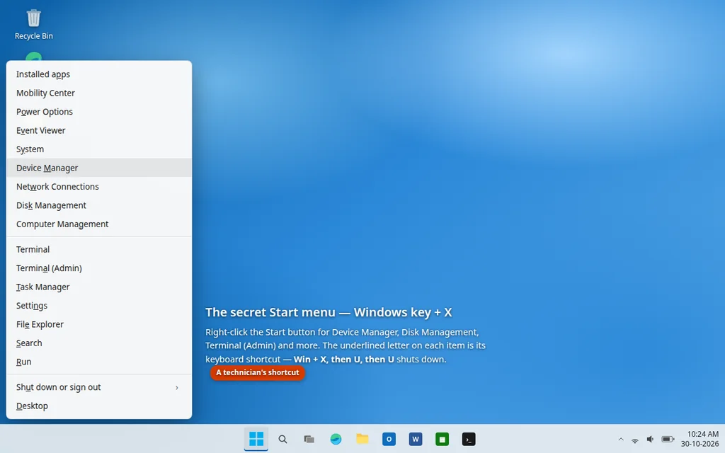 Secret Start menu in Windows 11 opened with Windows key plus X showing Device Manager and Disk Management