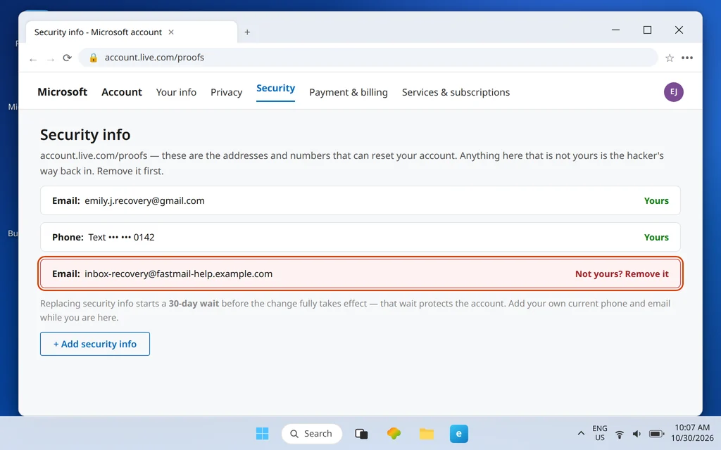 Microsoft account security info page at account.live.com/proofs with an unfamiliar recovery email highlighted for removal