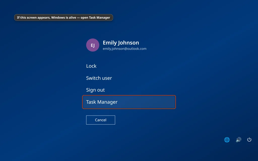 The Ctrl Alt Delete security screen in Windows 11 with Task Manager as an option