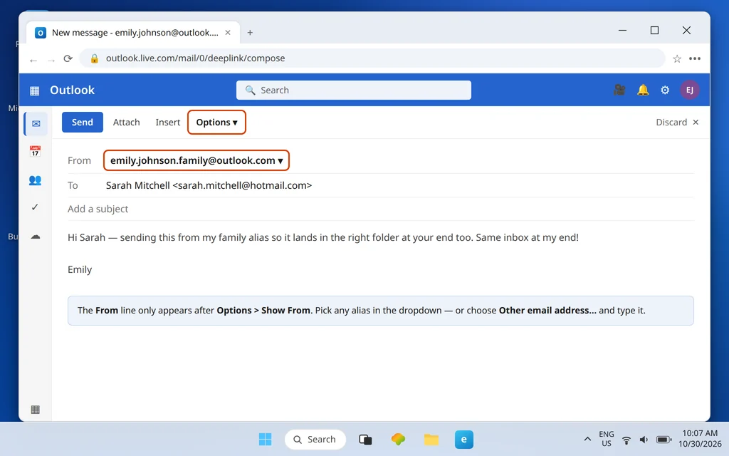 Outlook.com compose window with Options Show From enabled and the family alias selected in the From dropdown