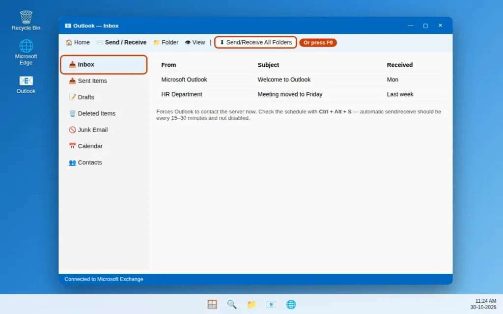 Send Receive All Folders button on the Send Receive tab in Classic Outlook