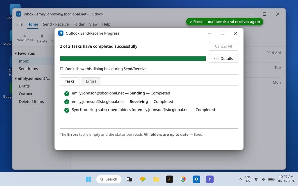 Outlook Send/Receive Progress showing sending and receiving completed successfully with no errors