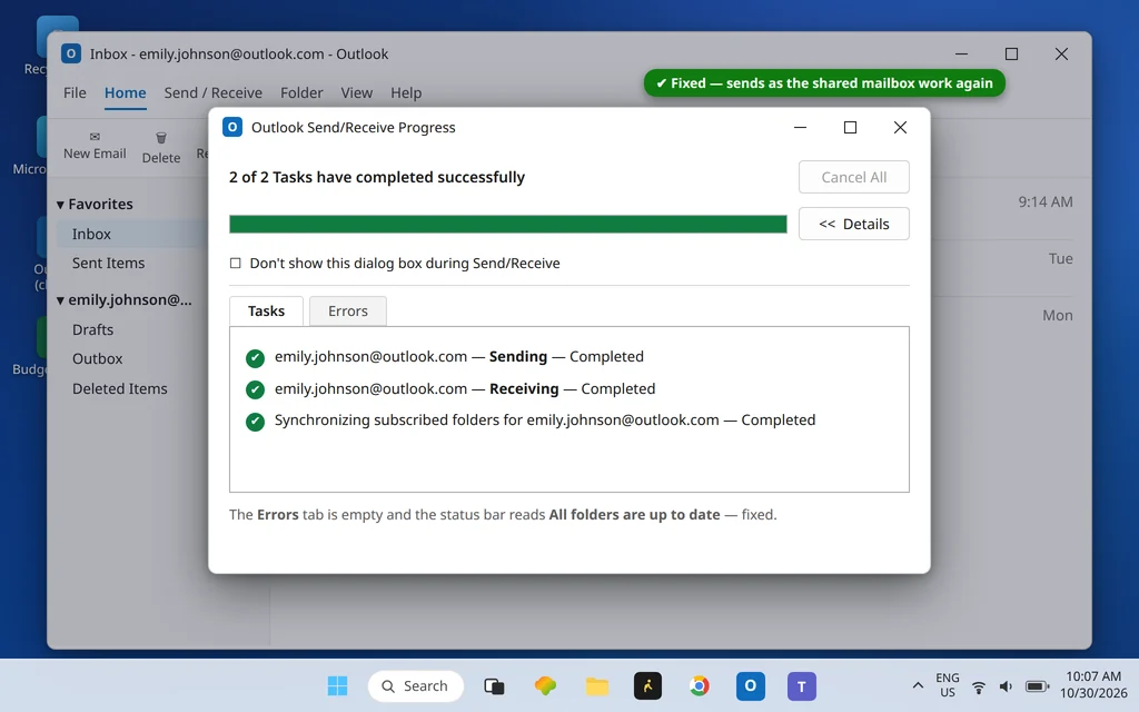 Outlook Send/Receive Progress showing all tasks completed successfully after the permission fix