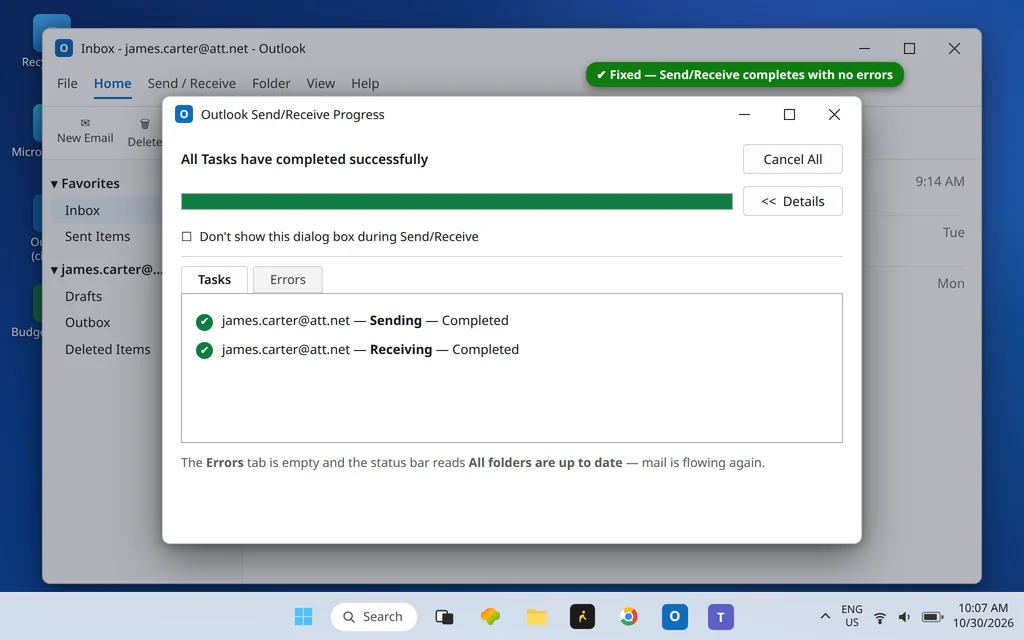 Outlook Send/Receive Progress showing all tasks completed successfully with no errors