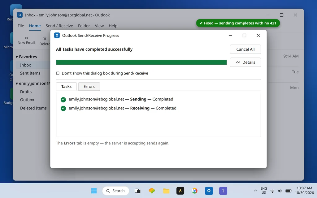 Outlook Send/Receive Progress showing all tasks completed successfully with no errors