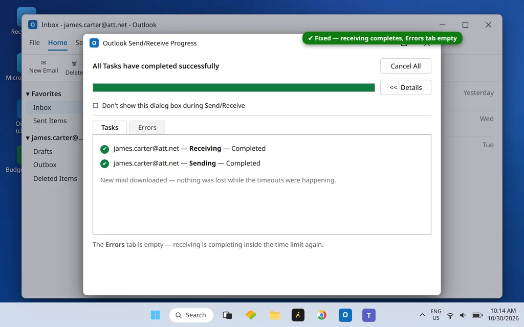 Outlook Send/Receive Progress showing all tasks completed successfully with no errors