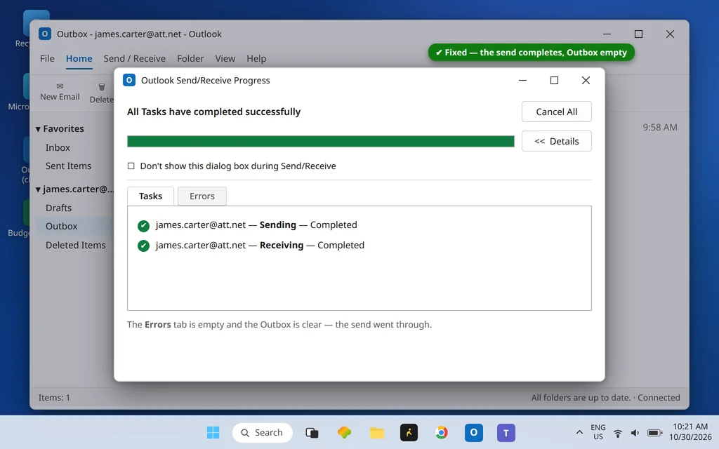 Outlook Send/Receive Progress showing all tasks completed successfully with no errors