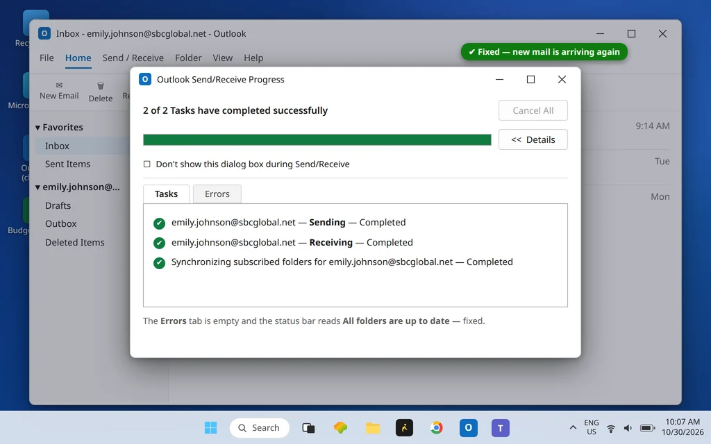 Send Receive Progress showing Completed for the account after the receiving fix