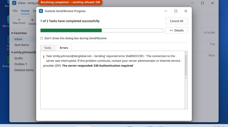 Send Receive error task showing the server responded 530 Authentication required