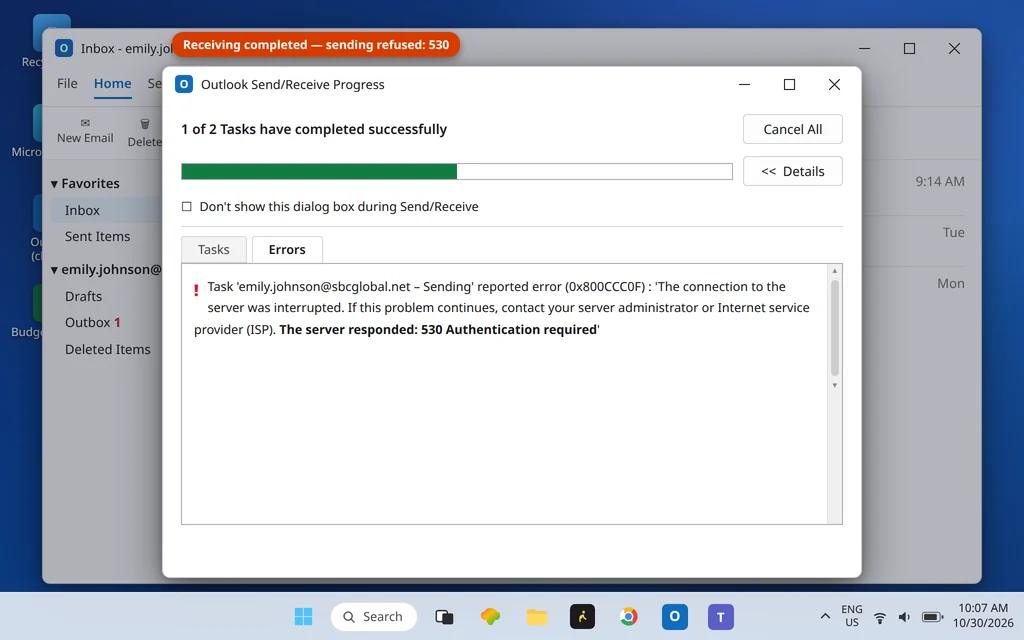Send Receive error task showing the server responded 530 Authentication required