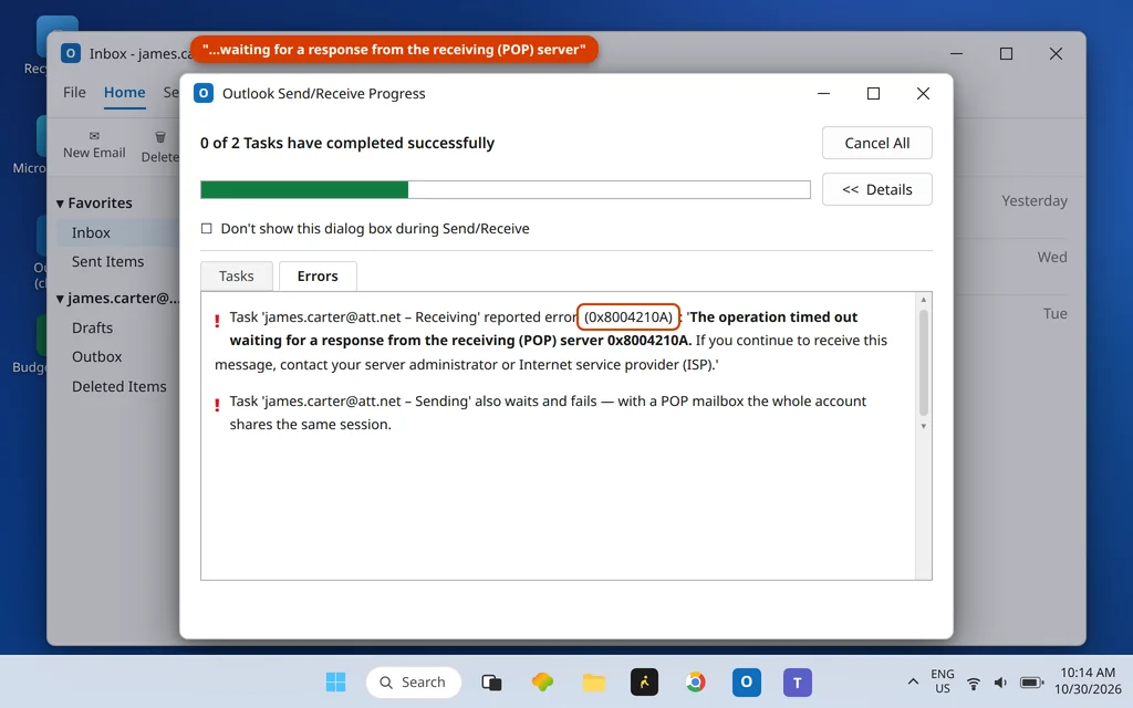 Outlook Send/Receive Progress dialog stuck on Receiving and showing reported error 0x8004210A operation timed out