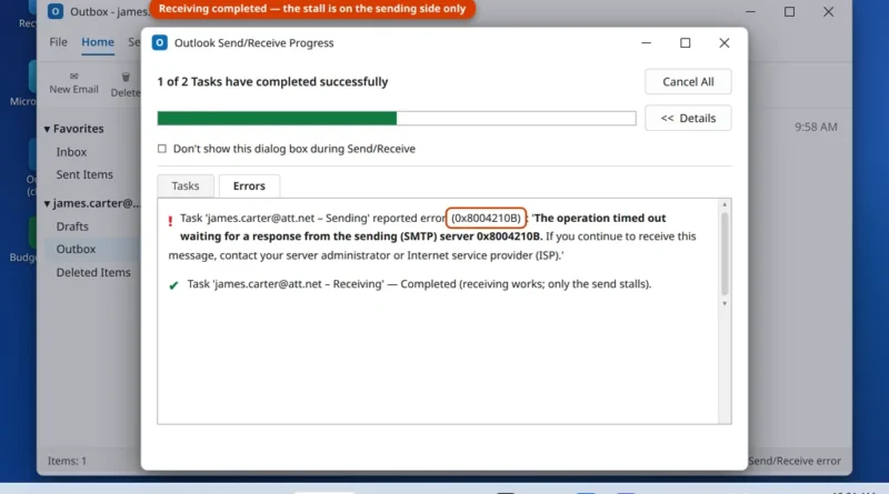 Outlook Send/Receive Progress dialog showing reported error 0x8004210B operation timed out waiting for the sending SMTP server