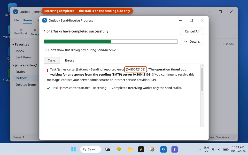 Outlook Send/Receive Progress dialog showing reported error 0x8004210B operation timed out waiting for the sending SMTP server
