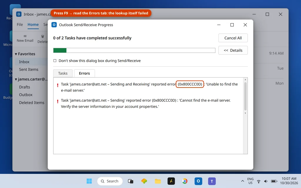 Outlook Send/Receive Progress dialog showing reported error 0x800CCC0D unable to find the e-mail server
