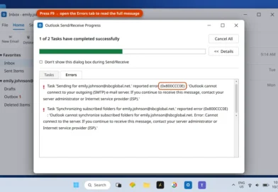 Outlook Send/Receive Progress dialog showing sending reported error 0x800CCC0E cannot connect to the server