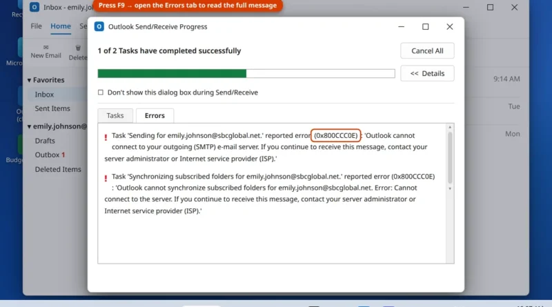Outlook Send/Receive Progress dialog showing sending reported error 0x800CCC0E cannot connect to the server