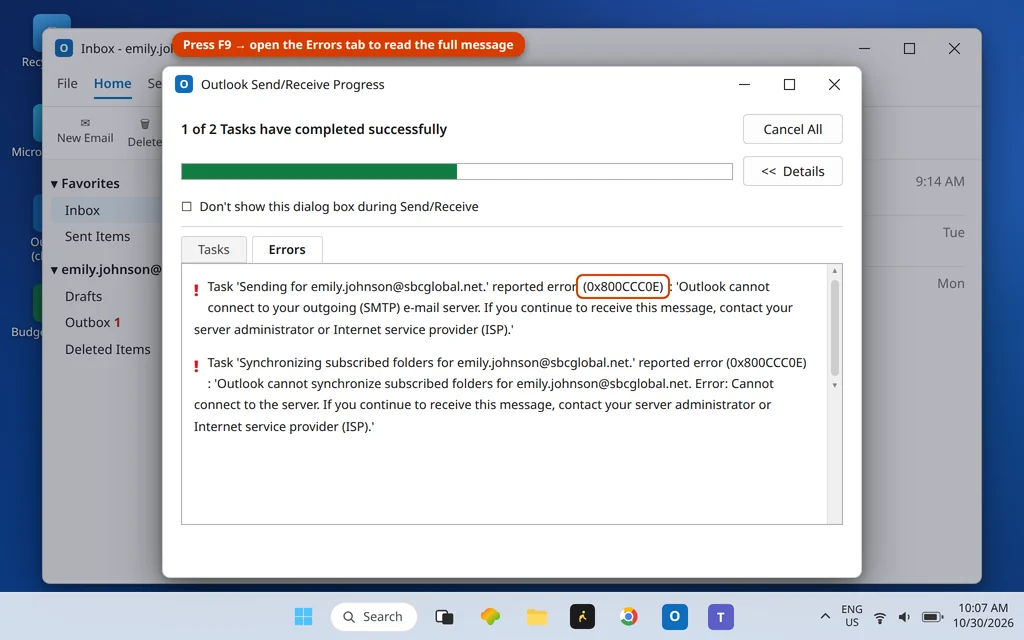 Outlook Send/Receive Progress dialog showing sending reported error 0x800CCC0E cannot connect to the server