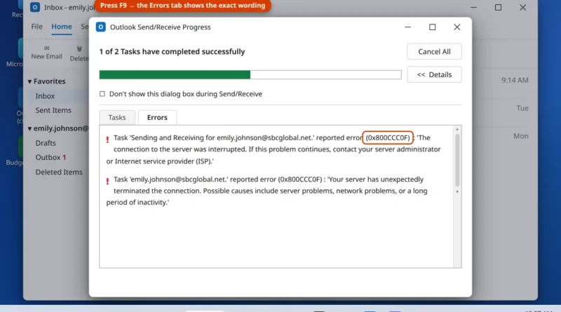Outlook Send/Receive Progress dialog showing error 0x800CCC0F the connection to the server was interrupted